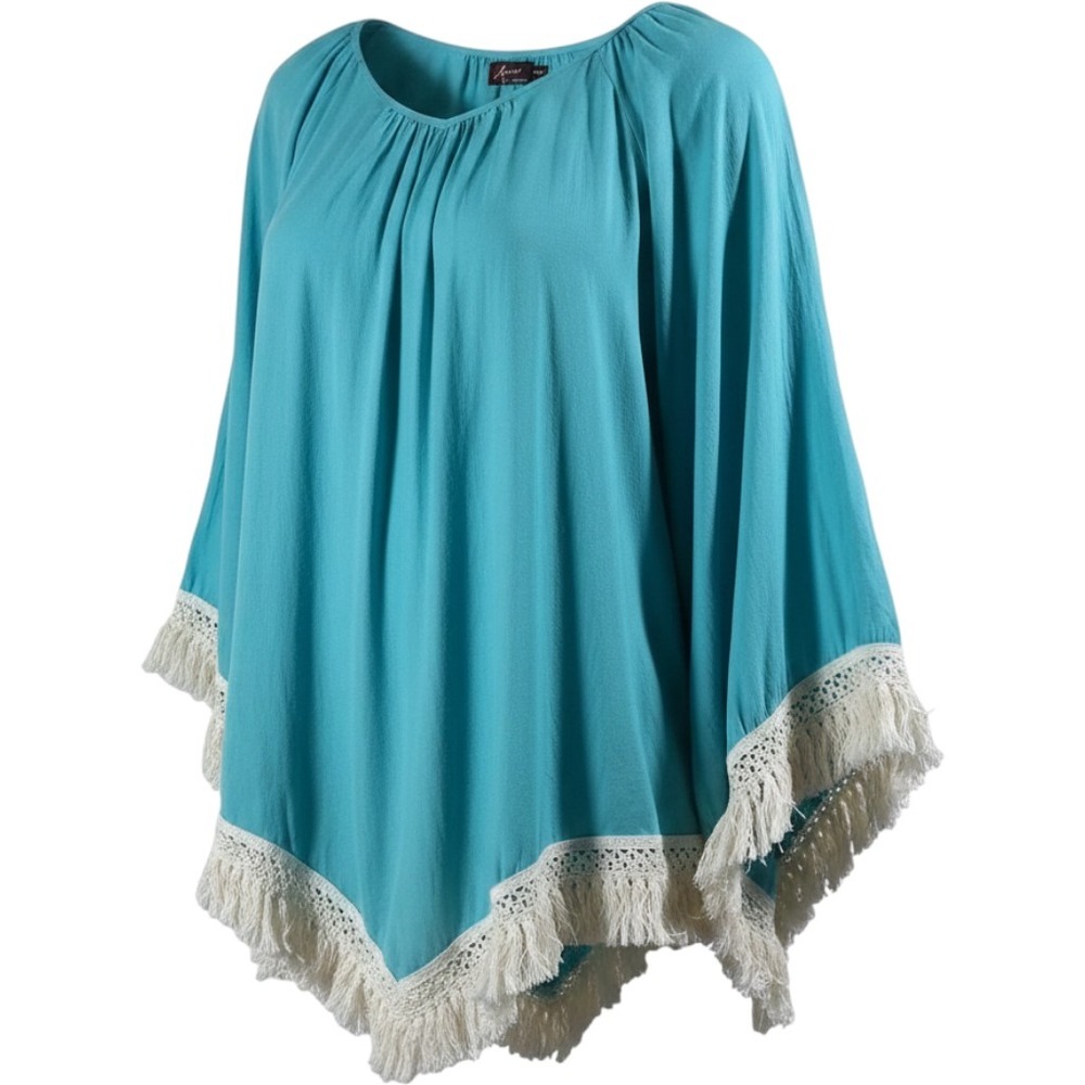 Womens Teal Blue Boho Fringe Crochet Lace Trim Blouse Coastal Cowgirl Top XL